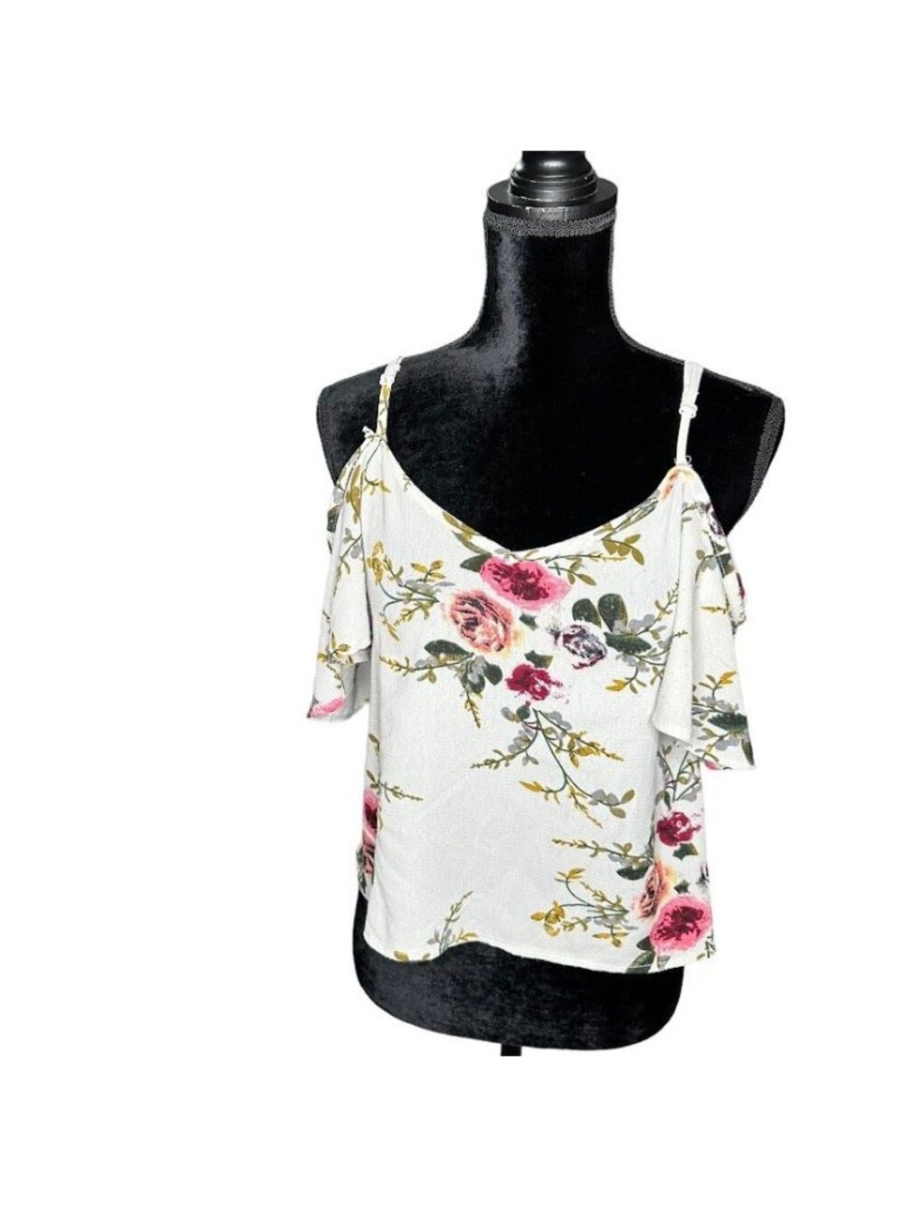 Cold Shoulder Blouse Womens Small Roses Ivory Red Green V Neck Spaghetti Straps